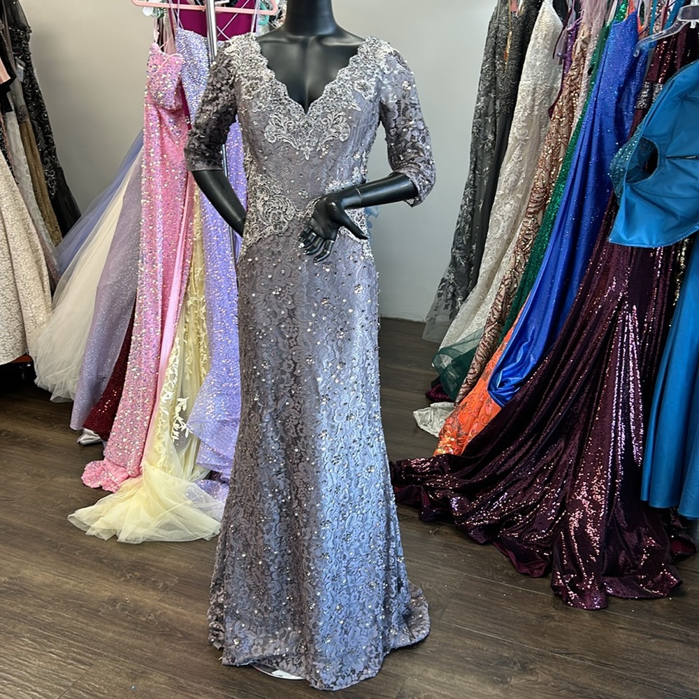 Macis Design 8996 Size 12 Charcoal Long Gown Beaded Lace V Neck Long Sleeve NWT